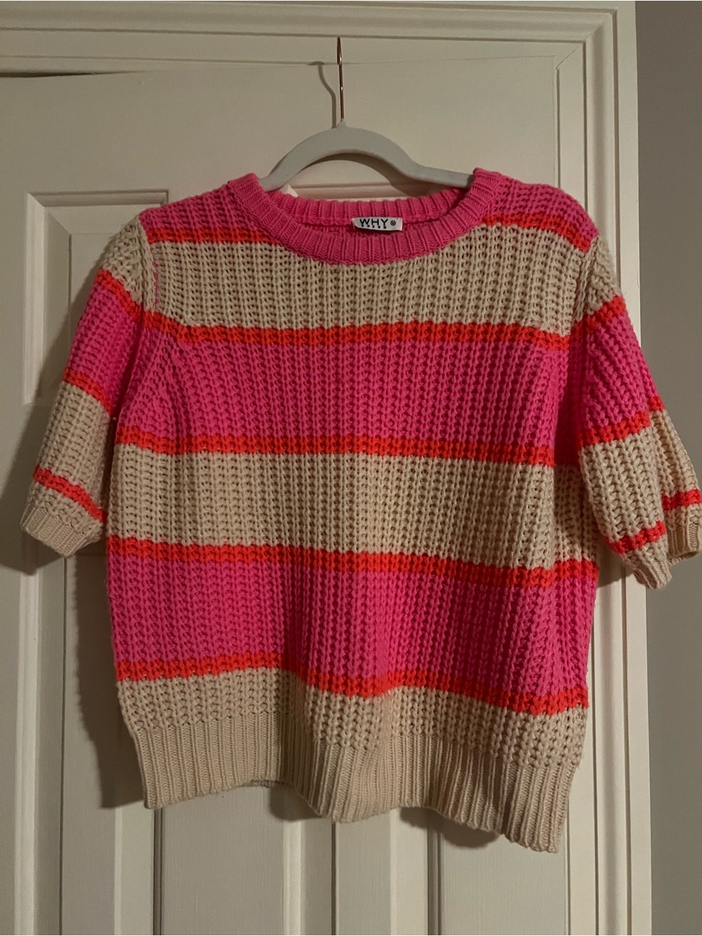 WHY™ Pink & Cream Short-Sleeve Striped Crewneck Sweater